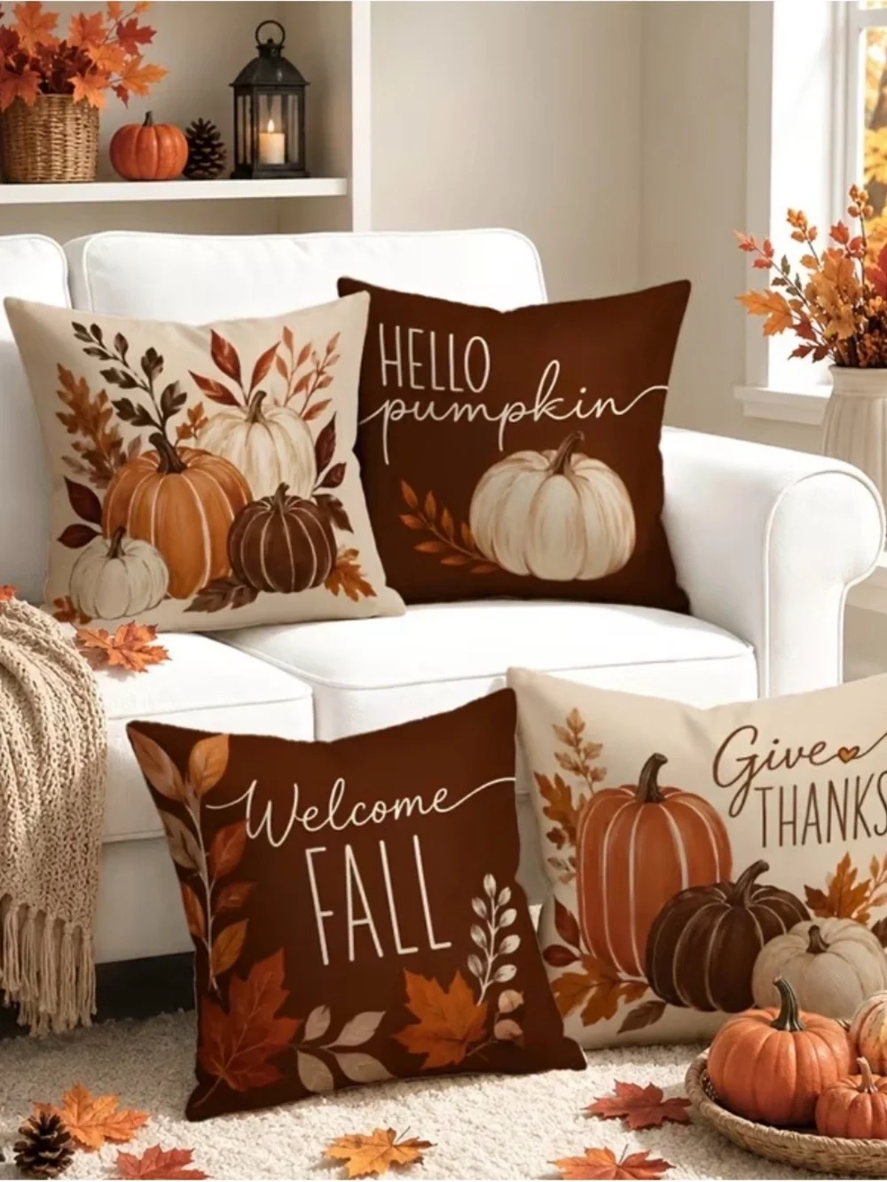 🆕 4pc Fall Pumpkin Decorative Throw Pillow Covers - Brown & Cream Autumn Set